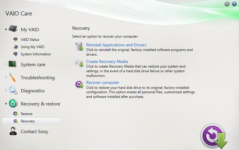 sony vaio laptop recovery software